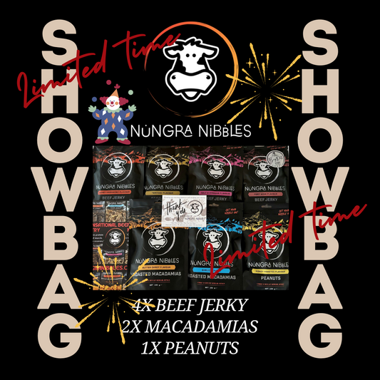 A promotional image for Nungra Nibbles Showbag featuring a assortment of beef jerky, macadamias, and peanuts with text detailing the contents such as 4x Beef Jerky, 2x Macadamias, 1x Peanuts along with limited time offers and a cartoon character.