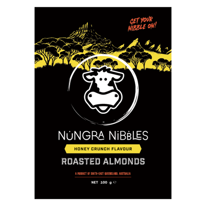 Nungra Nibbles honey crunch flavour roasted almonds packaging with a cow logo on a black background.