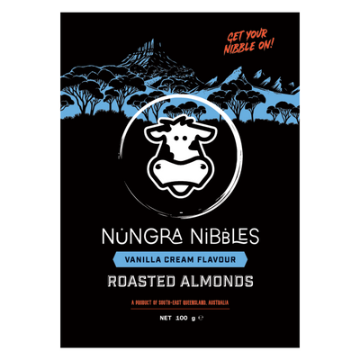 Nungra Nibbles vanilla cream flavour roasted almonds packaging with a cow logo on a black background.