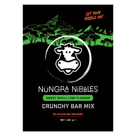 Nungra Nibbles crunchy bar mix packaging with a cow logo on a black background.