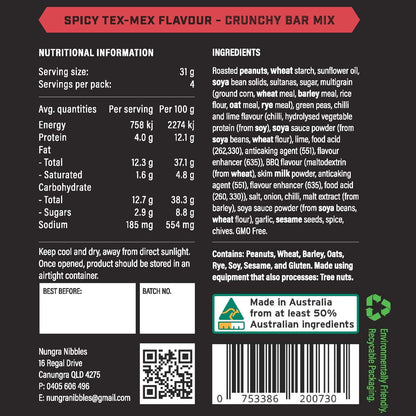 Nutritional information and ingredient list for a Spicy Tex-Mex Crunchy Bar Mix on a black background.