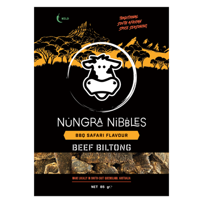 Nungra Nibbles BBQ Safari Flavour Beef Biltong packaging with a black background and cow logo.