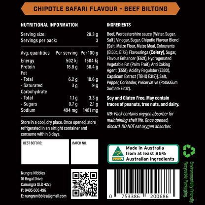 Nutritional information and ingredients label for Chipotle Safari Flavour Beef Biltong on a black background.