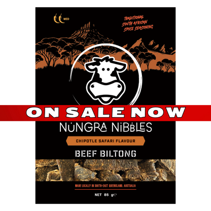 Nungra Nibbles Beef Biltong packaging with a cow logo and 'On Sale Now' text.