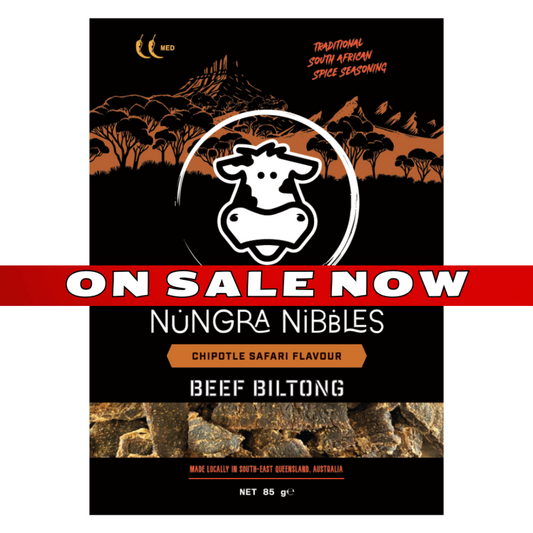 Nungra Nibbles Beef Biltong packaging with a cow logo and 'On Sale Now' text.