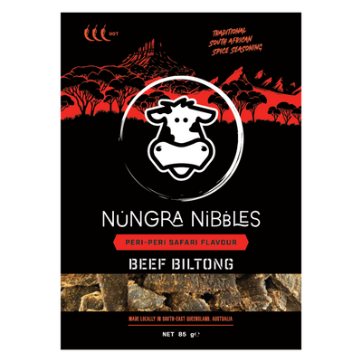 Nungra Nibbles Beef Biltong packaging with a black background and red accents.