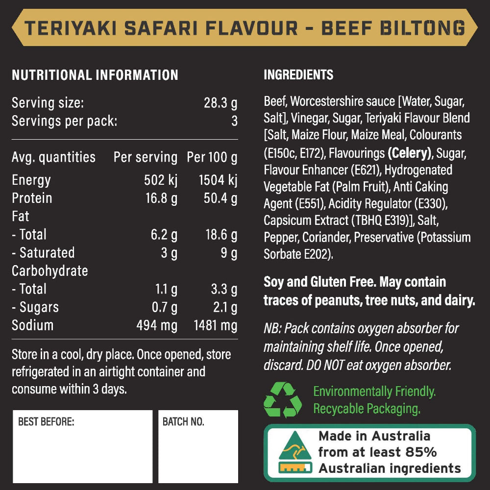 Nutritional information and ingredients list for Teriyaki Safari Flavour Beef Biltong on a black background.
