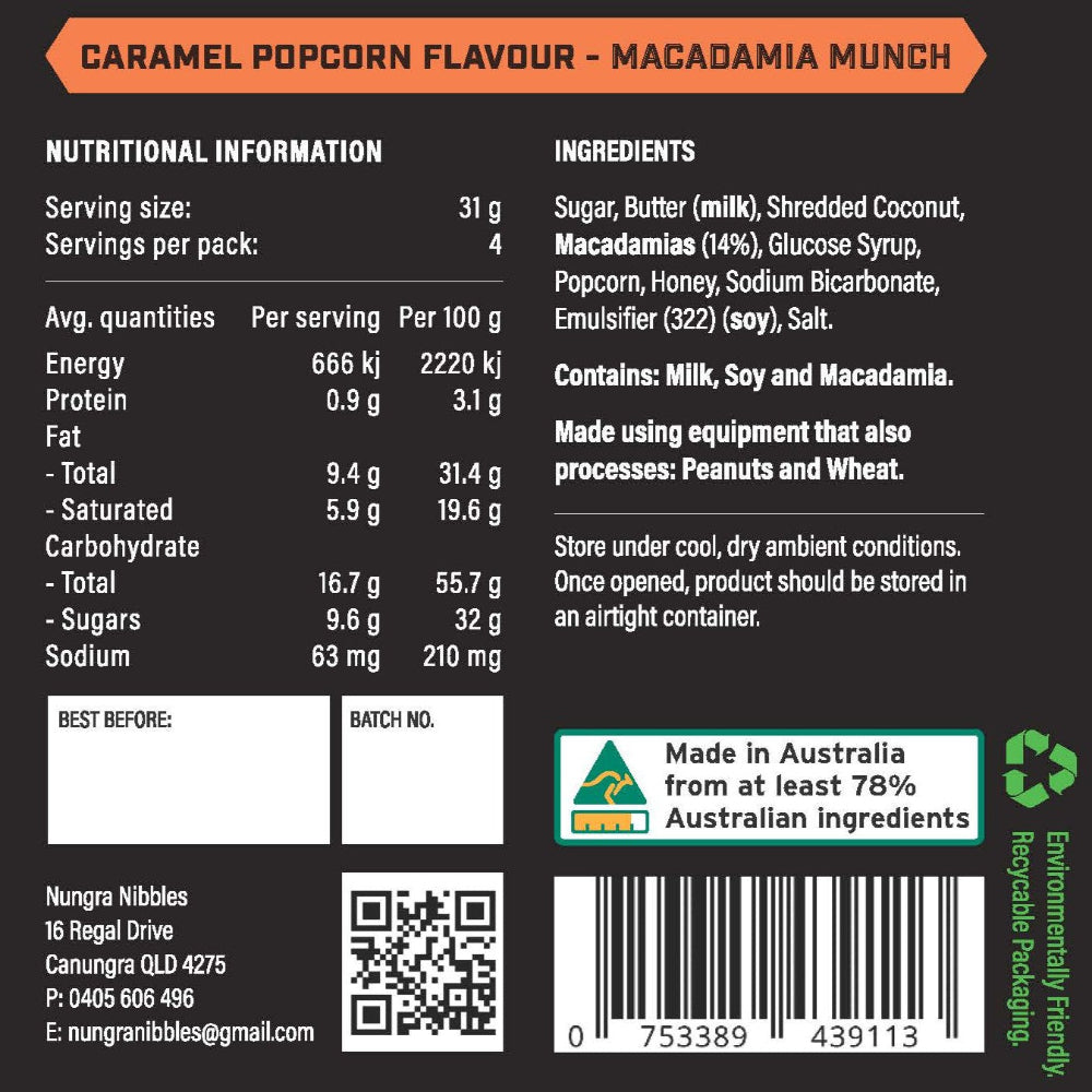 Nutritional information and ingredients label for caramel popcorn with macadamia munch flavor.