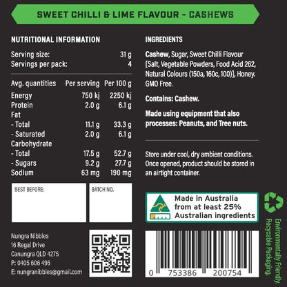 Nutritional information and ingredient list for sweet chilli and lime cashews on a black background.