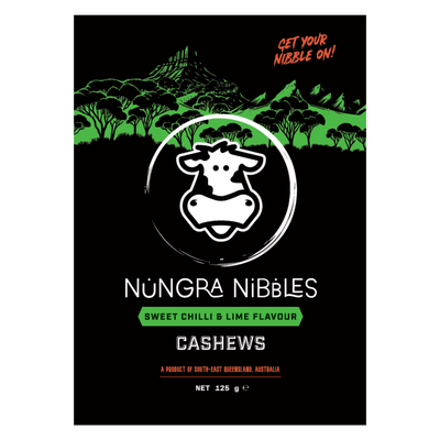 Nungra Nibbles cashews packaging with a cow logo on a black background