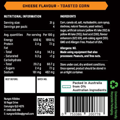 Nutritional label and ingredients list for a product with cheese flavor and toasted corn, on a black background.
