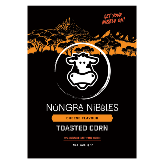 Nungra Nibbles cheese flavour toasted corn packaging with a black background and mountain design.
