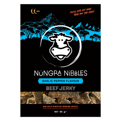 Nungra Nibbles Beef Jerky packaging with a cow logo on a black background