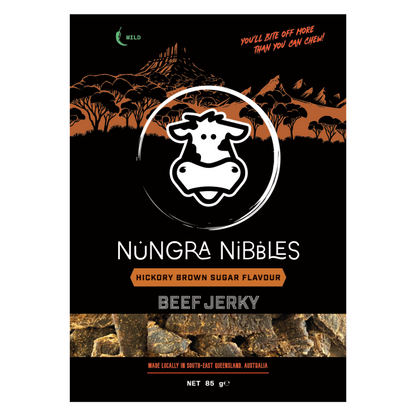 Nungra Nibbles Beef Jerky packaging with a cow logo and desert landscape.