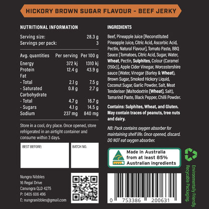 Hickory Brown Sugar Flavour Beef Jerky label with nutritional information, ingredients, and branding details.