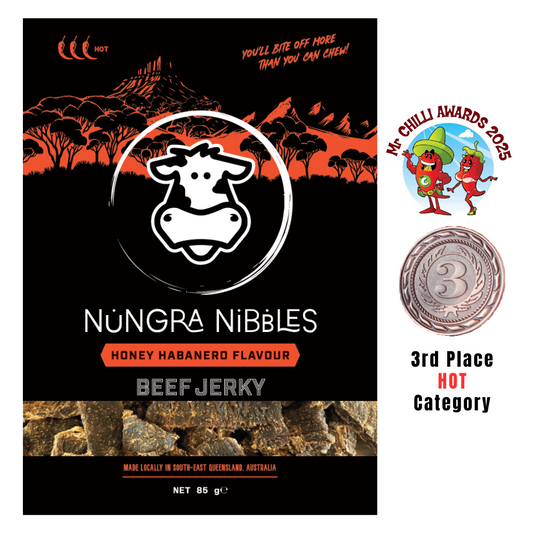 Nungra Nibbles Beef Jerky packaging with a cow logo and chilli awards badge on a black background.