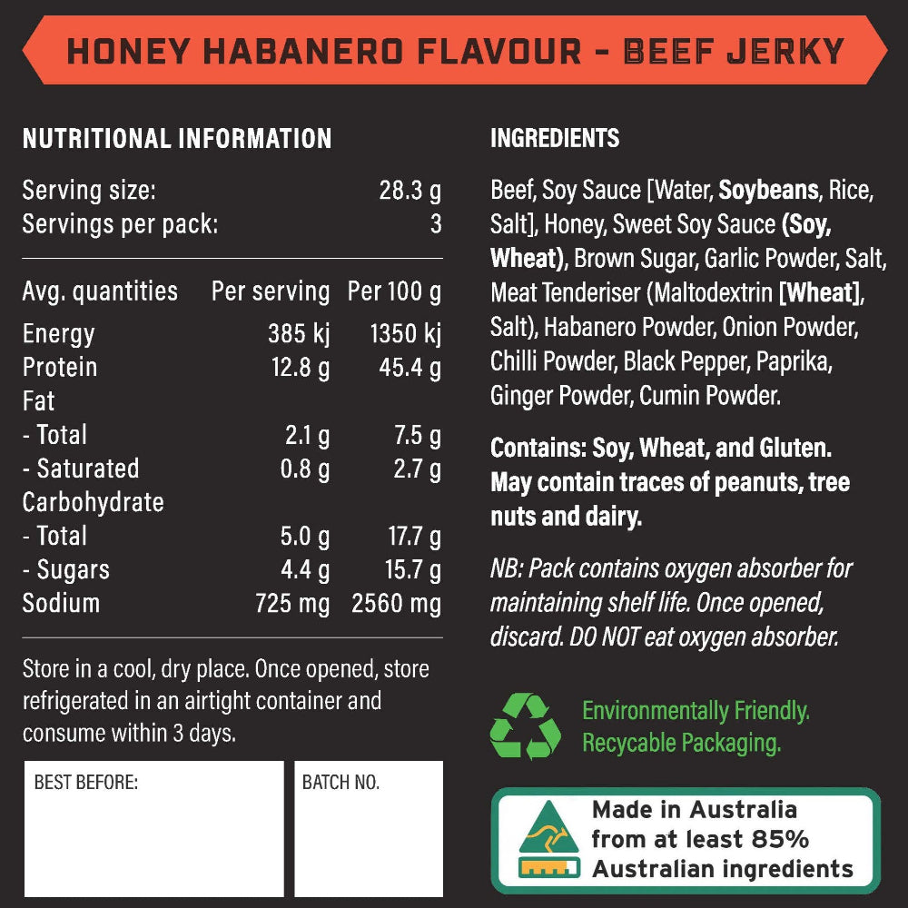 Nutritional information and ingredients list for Honey Habanero Flavour Beef Jerky on a black background.