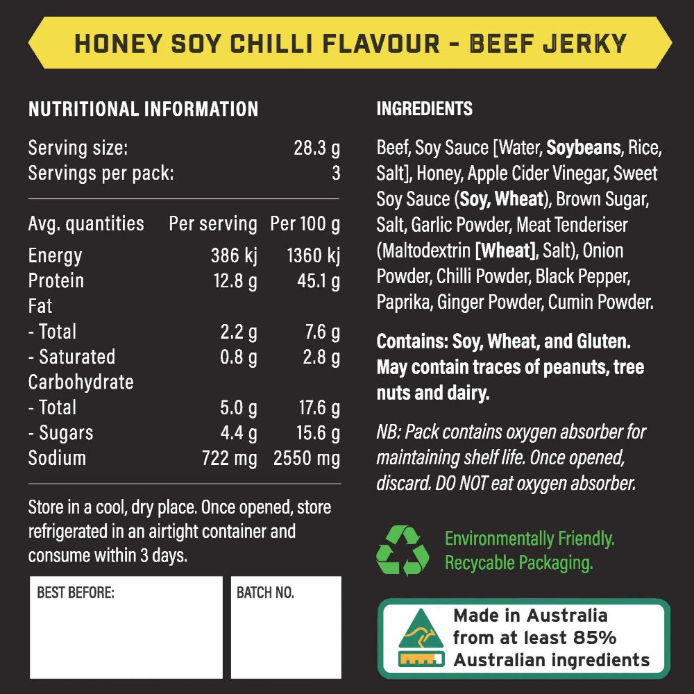 Nutritional information and ingredients label for honey soy chilli beef jerky on a black background.