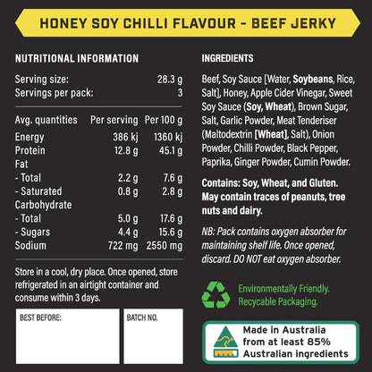 Nutritional information and ingredients label for honey soy chilli beef jerky on a black background.