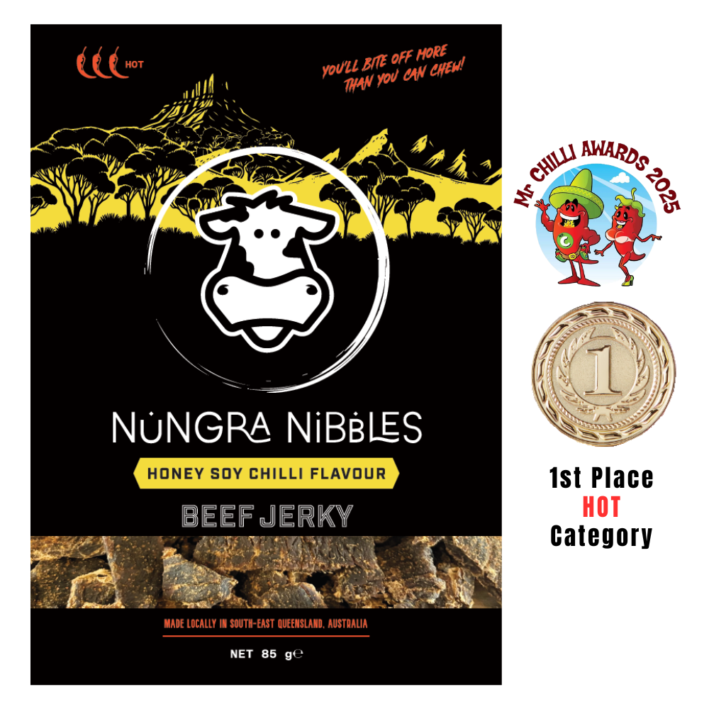 Nungra Nibbles Beef Jerky packaging with a cow logo, chilli awards, and a gold medal on a black background.