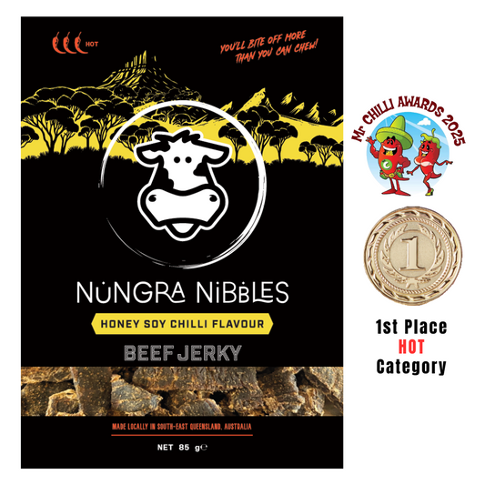 Nungra Nibbles Beef Jerky packaging with a cow logo, chilli awards, and a gold medal on a black background.