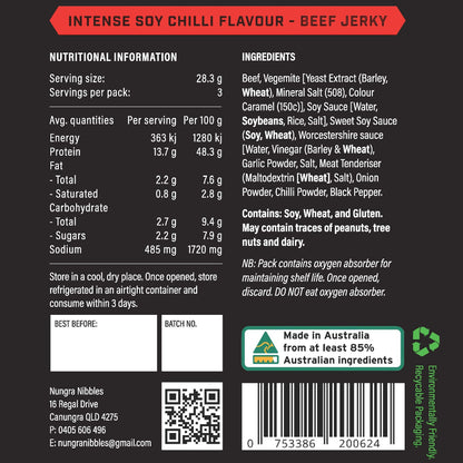 Back label of Intense Soy Chilli Flavour Beef Jerky with nutritional information, ingredients, and branding details.