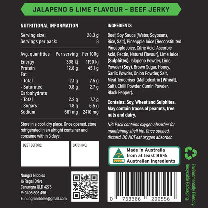 Jalapeno & Lime Flavour Beef Jerky label with nutritional information, ingredients, and branding details.