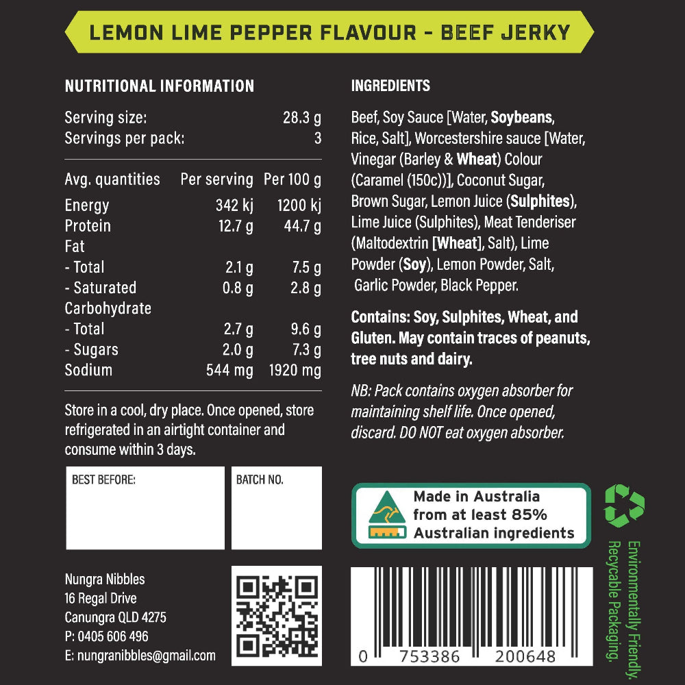 Lemon Lime Pepper Flavour Beef Jerky packaging with nutritional information and product details.