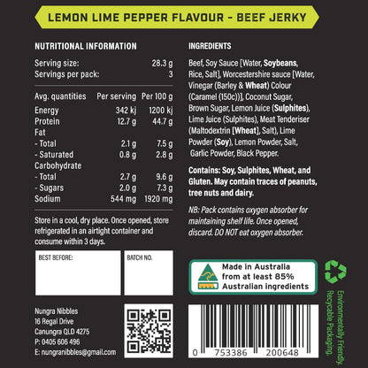 Lemon Lime Pepper Flavour Beef Jerky packaging with nutritional information and product details.