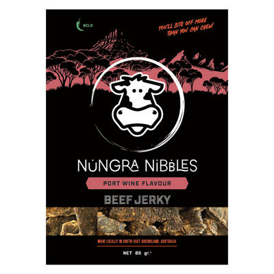 Nungra Nibbles Port Wine Flavour Beef Jerky packaging with a cow logo on a black background.