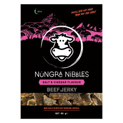 Nungra Nibbles Beef Jerky packaging with a cow logo on a black background