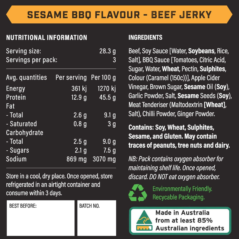 Nutritional information and ingredients list for sesame BBQ flavour beef jerky on a black background.