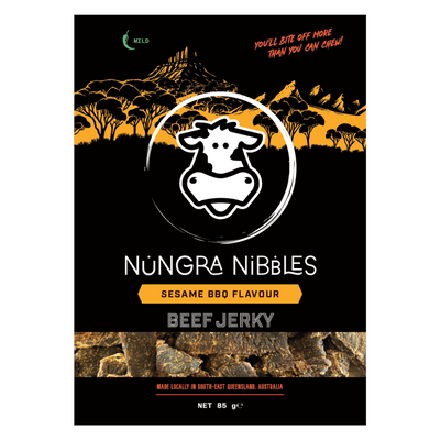 Nungra Nibbles beef jerky packaging with a cow logo and desert landscape design.