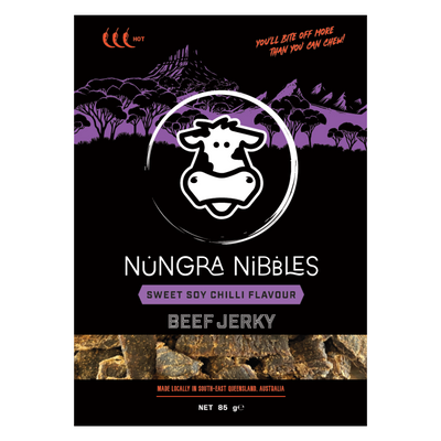 Nungra Nibbles beef jerky packaging with a cow logo on a black background.