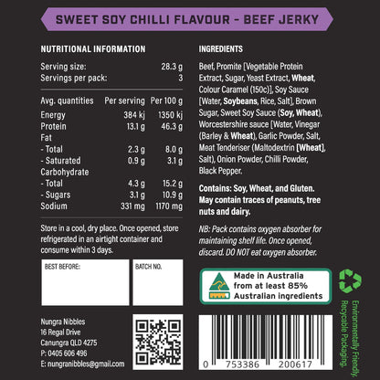 Back label of sweet soy chilli beef jerky with nutritional information, ingredients, and branding details.