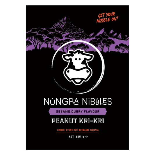 Nungra Nibbles Peanut Kri-Kri packaging with a purple landscape design.