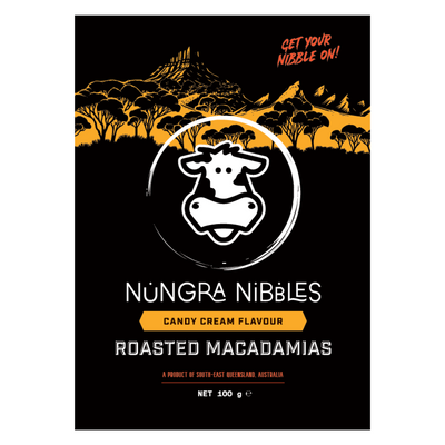 Nungra Nibbles roasted macadamias packaging with a cow logo and mountain background.