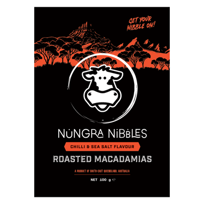 Nungra Nibbles roasted macadamias packaging with a black background and red accents.