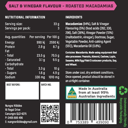 Nutritional information and ingredients label for salt and vinegar roasted macadamias.