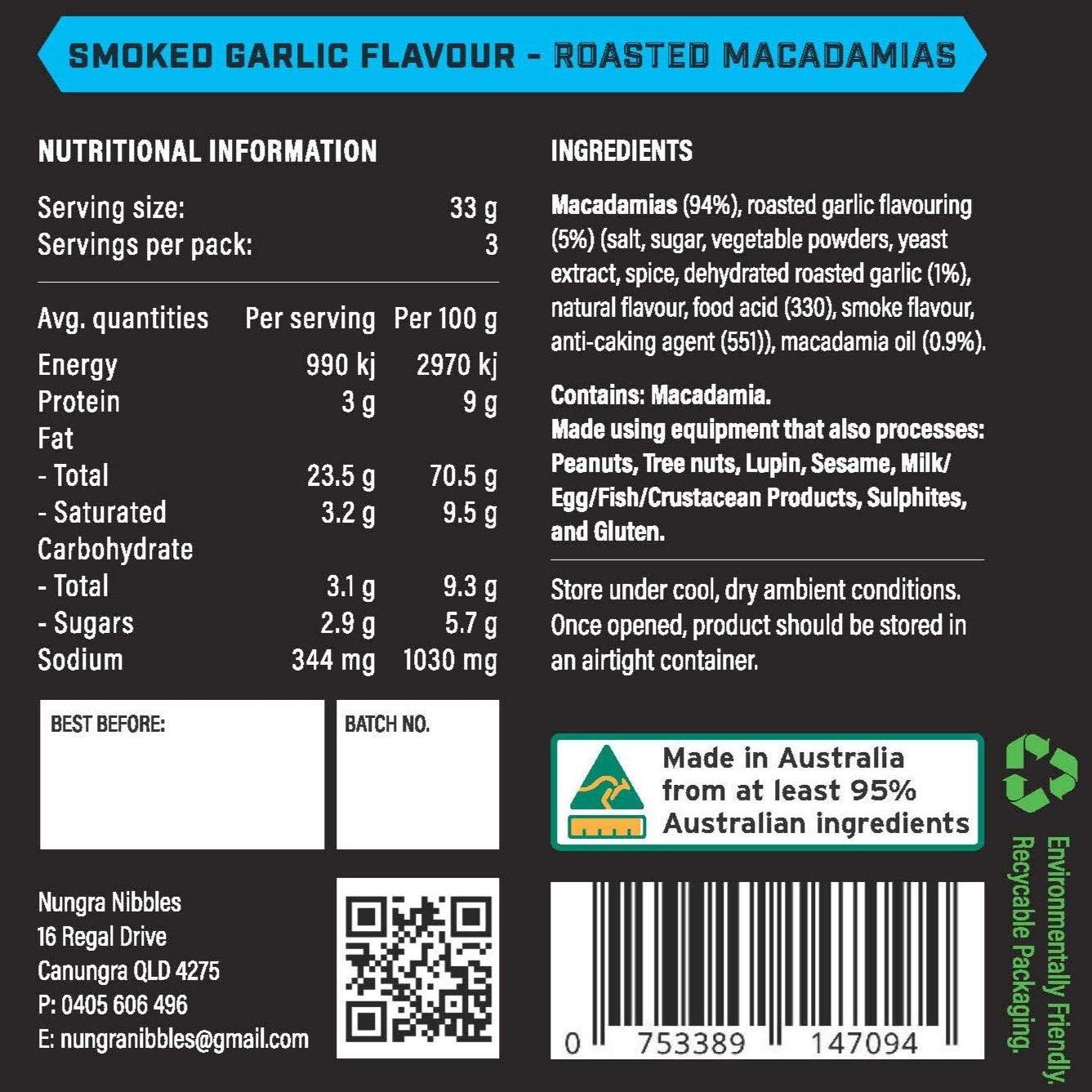 Nutritional information and ingredient list for smoked garlic flavor roasted macadamias on a black background.
