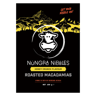 Nungra Nibbles roasted macadamias packaging with a black background and yellow accents.