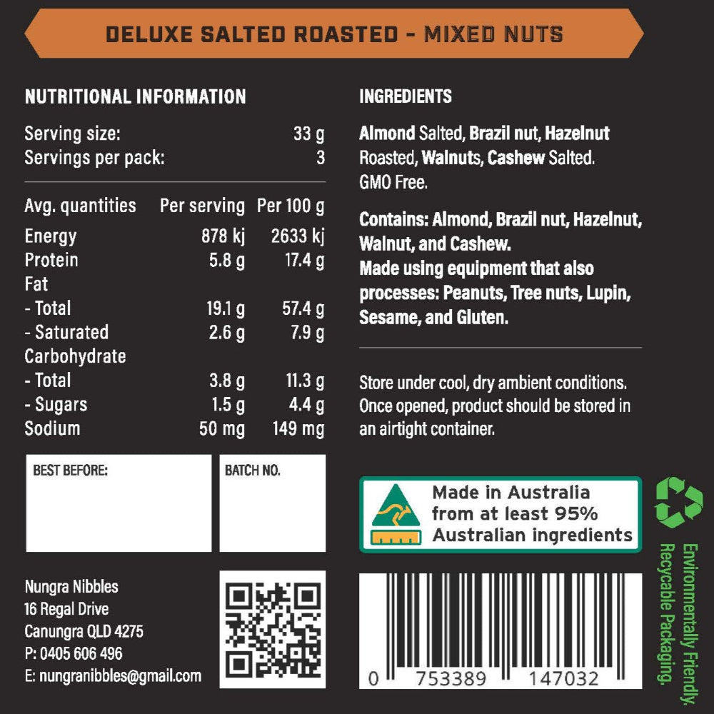 Nutritional information and ingredient list for a package of deluxe salted roasted mixed nuts.