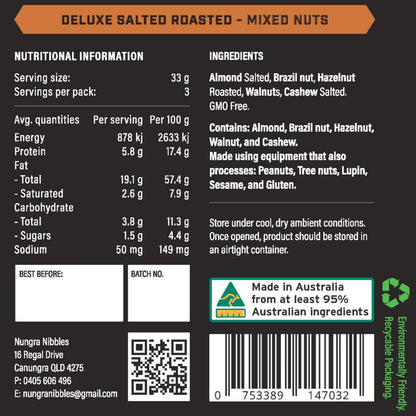 Nutritional information and ingredient list for a package of deluxe salted roasted mixed nuts.