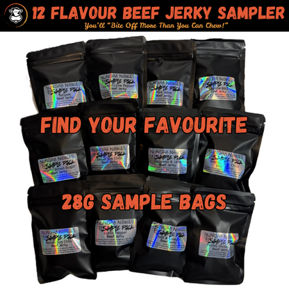 12 flavour beef jerky sampler with black packaging and colorful labels on a white background.
