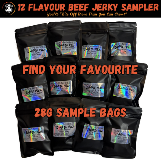 12 flavour beef jerky sampler with black packaging and colorful labels on a white background.
