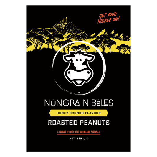 Nungra Nibbles roasted peanuts packaging with a cow logo on a black background.