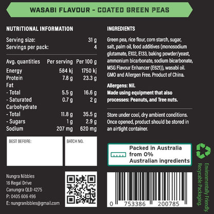 Nutritional information and ingredient list for wasabi-flavored coated green peas on a black background.