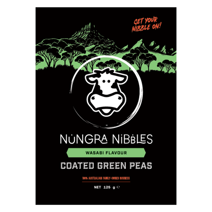 Nungra Nibbles Wasabi Flavour Coated Green Peas packaging with a cow logo on a black background.