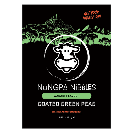 Nungra Nibbles Wasabi Flavour Coated Green Peas packaging with a cow logo on a black background.