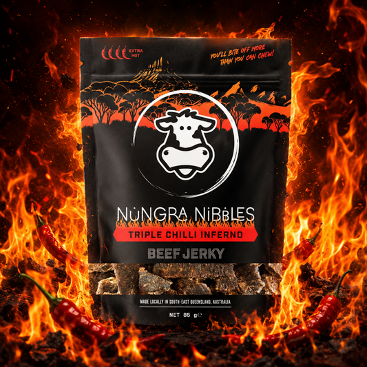 Nungra Nibbles Triple Chilli Inferno Beef Jerky package with flames and chili peppers in the background